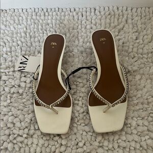 Zara Crystal-Embellished White Sandals
